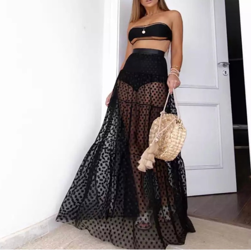 Black Sheer Mesh Polka Dot Maxi Skirt Coverup